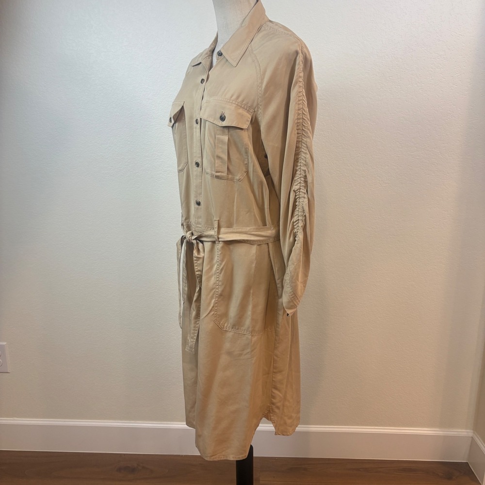 Lauren Ralph Lauren Shirt Dress Womens 12 Tan NWOT Ruched Sleeve Utility Safari - Picture 4 of 9